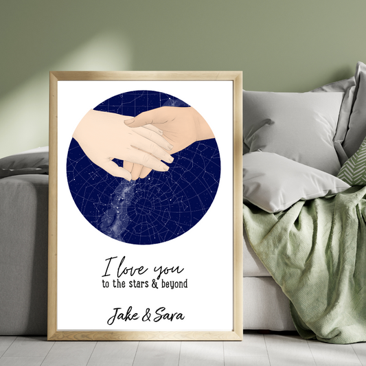 Personalised Hand-in-Hand Star Map Poster (A3) - All Custom